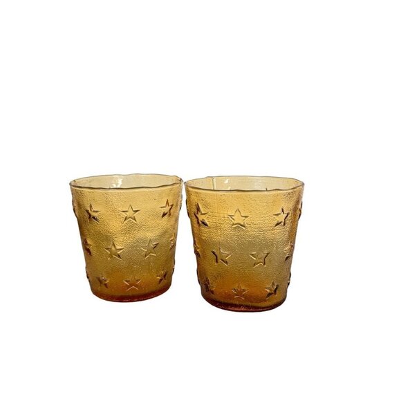 Vintage Pair Of Amber Glass Stars Pattern Handmade, Size 10 Oz. Made in Italy - Picture 3 of 9